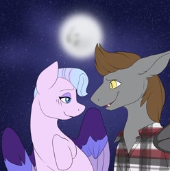 Size: 2033x2048 | Tagged: safe, artist:spectfool, queen haven, oc, oc:devin, bat pony, pegasus, pony, g5, my little pony: a new generation, age difference, blushing, canon x oc, clothes, couple, female, flannel, high res, looking at each other, looking at someone, love, male, mare, moon, moonlight, night, plaid shirt, romantic, shipping, shirt, smiling, snow, snowflake, stallion, straight, wholesome