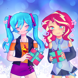 Size: 1280x1280 | Tagged: safe, artist:panimeko, sunset shimmer, human, equestria girls, g4, anime, blushing, christmas, clothes, clothes swap, crossover, cute, duo, eyes closed, female, geode of empathy, hatsune miku, heart, holiday, humanized, jacket, jewelry, leather jacket, magical geodes, necklace, open mouth, present, shimmerbetes, shirt, skirt, stars, t-shirt, vocaloid