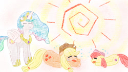 Size: 1280x720 | Tagged: safe, artist:nomemint, apple bloom, applejack, princess celestia, alicorn, earth pony, pony, g4, female, filly, foal, mare, sun, sweat, tired