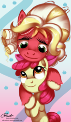 Size: 1200x2034 | Tagged: safe, artist:esuka, apple bloom, big macintosh, earth pony, pony, brotherhooves social, g4, crossdressing, female, filly, foal, male, orchard blossom, siblings, stallion