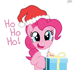 Size: 3000x2880 | Tagged: safe, artist:dashyoshi, pinkie pie, earth pony, pony, g4, christmas, clothes, costume, dialogue, fake beard, hat, high res, ho ho ho, holiday, looking at you, open mouth, open smile, present, santa claus, santa costume, santa hat, simple background, smiling, smiling at you, solo, transparent background, vector