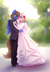 Size: 3508x4962 | Tagged: safe, artist:dandy, oc, oc only, oc:bizarre song, oc:sugar morning, pegasus, anthro, unguligrade anthro, absurd resolution, blushing, bowtie, clothes, commission, dress, duo, female, flower, flower in hair, looking into each others eyes, male, marriage, oc x oc, shipping, straight, sugarre, suit, wedding, wedding dress, wings