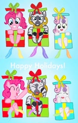 Size: 563x887 | Tagged: safe, artist:princessdestiny200i, pinkie pie, sweetie belle, zecora, earth pony, pony, unicorn, zebra, g4, box, christmas, ear piercing, earring, eyes closed, feather, female, filly, foal, gift wrapped, grin, holiday, hoof tickling, jewelry, laughing, mare, neck rings, open mouth, piercing, present, raisedhoof, smiling, tickle torture, tickling, trio