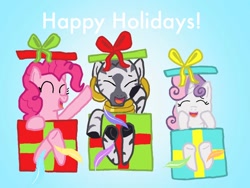 Size: 1024x768 | Tagged: safe, artist:princessdestiny200i, pinkie pie, sweetie belle, zecora, earth pony, pony, unicorn, zebra, g4, box, christmas, ear piercing, earring, eyes closed, feather, female, filly, foal, gift wrapped, grin, holiday, hoof tickling, jewelry, laughing, mare, neck rings, open mouth, piercing, present, raisedhoof, smiling, tickle torture, tickling, trio