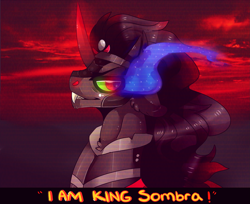 Size: 2353x1922 | Tagged: safe, artist:fluffideer, king sombra, pony, unicorn, g4, bust, fangs, male, smiling, solo, sombra eyes, stallion, talking
