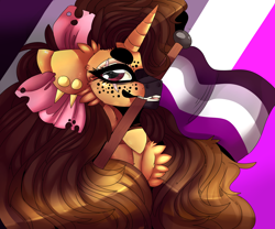 Size: 6000x5000 | Tagged: safe, artist:fluffideer, oc, oc only, oc:warcry, pony, unicorn, asexual pride flag, bow, bust, chest fluff, eyelashes, female, hair bow, mare, mouth hold, pride, pride flag, solo