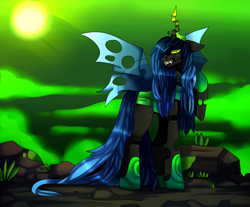 Size: 5099x4232 | Tagged: safe, artist:fluffideer, queen chrysalis, changeling, changeling queen, g4, crown, female, jewelry, looking back, outdoors, regalia, solo, sun
