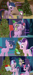 Size: 1920x4320 | Tagged: safe, artist:red4567, spike, starlight glimmer, twilight sparkle, alicorn, dragon, pony, comic:zits, g4, hearthbreakers, 3d, book, christmas, christmas tree, golden oaks library, hearth's warming eve, holiday, present, source filmmaker, that pony sure does love books, tree, twilight sparkle (alicorn), winged spike, wings