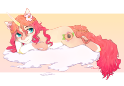 Size: 3020x2100 | Tagged: safe, artist:qawakie, oc, oc only, pony, unicorn, cloud, flower, flower in hair, high res, horn, on a cloud, smiling, solo, unicorn oc