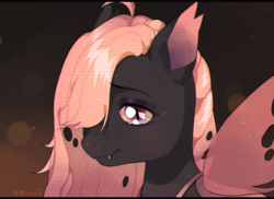 Size: 1400x1020 | Tagged: safe, artist:qawakie, oc, oc only, changeling queen, bust, changeling queen oc, hair over one eye, red changeling, smiling, solo