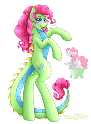 Size: 3663x5003 | Tagged: safe, artist:mailner, gummy, pinkie pie, alligator, earth pony, pony, g4, absurd resolution, bipedal, cutie mark, fangs, fusion, looking at you, redesign, simple background, solo, transparent background, we have become one