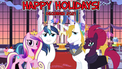 Size: 2064x1161 | Tagged: safe, anonymous artist, artist:90sigma, artist:andoanimalia, prince blueblood, princess cadance, shining armor, tempest shadow, alicorn, pony, unicorn, g4, 2021, berryblood, christmas, december, decoration, female, friendship, group photo, happy holidays, hearth's warming, holiday, husband and wife, invitation, it's beginning to look a lot like christmas, male, mare, party, ship:shiningcadance, shipping, stallion, straight, youtube link in the description