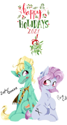Size: 1114x2064 | Tagged: safe, artist:alazak, edit, idw, pixie cut (g4), zephyr breeze, earth pony, pegasus, pony, g4, spoiler:comic74, 2021, christmas, december, happy holidays, hearth's warming, holiday, kiss mark, lipstick, looking at each other, lyrics in the description, male, mistletoe, pixiebreeze, shipping, smiling, smiling at each other, stallion, traditional art, white christmas, youtube link in the description, zephyrcut