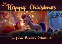 Size: 1024x724 | Tagged: safe, boulder media, edit, edited screencap, screencap, argyle starshine, sunny starscout, earth pony, pony, g5, my little pony: a new generation, official, spoiler:my little pony: a new generation, christmas, father and child, father and daughter, female, filly, filly sunny starscout, holiday, male, merry christmas, stallion, younger