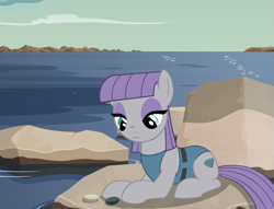 Size: 889x680 | Tagged: safe, artist:queencold, boulder (g4), maud pie, pony, g4, beach, clothes, ocean, rock, solo, swimsuit