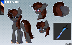 Size: 3816x2376 | Tagged: safe, artist:astaz, oc, oc only, oc:twistae, pony, unicorn, blushing, butt, cutie mark, female, high res, plot, reference sheet, simple background, smiling, solo, sword, weapon