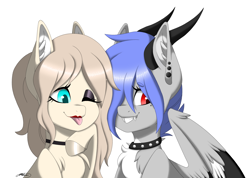 Size: 2500x1783 | Tagged: safe, artist:melodytheartpony, oc, oc:melody silver, dracony, dragon, earth pony, hybrid, pony, :p, beautiful, choker, collar, cute, doodle, duo, female, friends, horns, lipstick, makeup, one eye closed, piercing, selfie, signature, simple background, smiling, tongue out, white background, wink