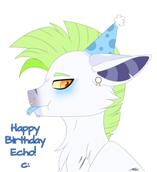 Size: 2000x2193 | Tagged: safe, artist:melodytheartpony, oc, oc only, earth pony, pony, :p, blue tongue, blushing, doodle, ear piercing, fluffy, gauges, gift art, green mane, grumpy, happy birthday, hat, high res, male, nose piercing, orange eyes, party hat, piercing, present, scar, signature, simple background, solo, tongue out, white background, yellow sclera