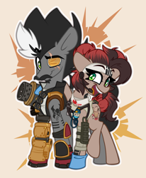 Size: 1492x1808 | Tagged: safe, artist:nekro-led, oc, oc only, oc:choco mocca, oc:nekro led, earth pony, pony, amputee, apex legends, armor, beard, cannon, clothes, cosplay, costume, cute, eyepatch, facial hair, freckles, fuse, gloves, lifeline, moustache, prosthetic limb, prosthetics, robotic legs, scar