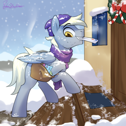 Size: 3000x3000 | Tagged: safe, artist:jedayskayvoker, derpy hooves, pegasus, pony, g4, beanie, christmas, christmas wreath, clothes, doormat, dopey hooves, facial hair, hat, high res, holiday, house, letter, mail, mailbag, mailpony, male, mouth hold, rule 63, scarf, smiling, snow, solo, stallion, stubble, winter, wreath