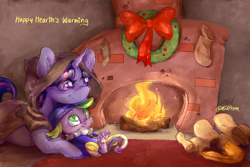 Size: 1500x1000 | Tagged: safe, artist:midnightpremiere, spike, twilight sparkle, alicorn, dragon, pony, g4, hearth's warming eve (episode), christmas, clothes, clover the clever's cloak, costume, cute, duo, fireplace, hearth, hearth's warming eve, holiday, quill, scroll, spikabetes, spikelove, twiabetes, twilight sparkle (alicorn), wreath