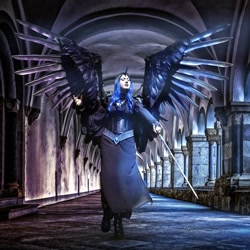 Size: 640x640 | Tagged: safe, nightmare moon, human, g4, clothes, cosplay, costume, irl, irl human, photo, spread wings, sword, weapon, wings