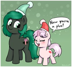Size: 1690x1552 | Tagged: safe, artist:heretichesh, oc, oc:minus, oc:red pill, earth pony, pony, unicorn, bandaid, blushing, christmas, cute, dialogue, duo, duo male and female, eyes closed, female, filly, foal, hat, holiday, magic, male, ocbetes, open mouth, open smile, pun, pure unfiltered good, santa hat, silly filly, smiling, speech bubble, stallion, telekinesis, visual pun