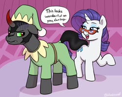 Size: 2196x1748 | Tagged: safe, artist:heretichesh, king sombra, rarity, pony, unicorn, g4, carousel boutique, christmas, clothes, costume, dialogue, duo, elf costume, female, floppy ears, glasses, hat, holiday, male, mare, rarity's glasses, speech bubble, stallion, unamused