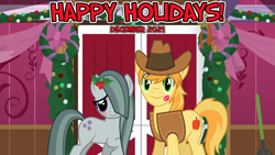 Size: 2064x1161 | Tagged: safe, anonymous artist, artist:floppychiptunes, artist:slb94, braeburn, marble pie, earth pony, pony, g4, 2021, barn, blushing, braeble, christmas, december, decoration, female, happy holidays, hearth's warming, holiday, kiss mark, lipstick, lyrics in the description, male, mare, shipping, smiling, stallion, straight, youtube link in the description