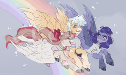 Size: 1371x809 | Tagged: safe, artist:sannateacupss, angel wings, hyacinth dawn, mountain haze, pegasus, pony, g4, top bolt, background pony, clothes, ear piercing, earring, flying, jewelry, piercing, shipping, shirt, spread wings, t-shirt, trio, wings