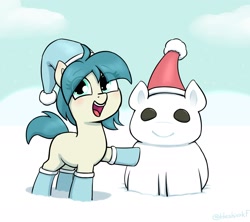 Size: 2145x1905 | Tagged: safe, artist:heretichesh, oc, oc only, earth pony, pony, blushing, boots, christmas, cute, eye clipping through hair, female, filly, foal, hat, holiday, ocbetes, open mouth, open smile, santa hat, shoes, smiling, snow, snowpony, solo