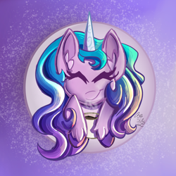 Size: 2048x2048 | Tagged: safe, artist:starcasteclipse, izzy moonbow, pony, unicorn, g5, my little pony: a new generation, abstract background, bust, eyes closed, female, high res, mare, mug, portrait, purple background, simple background, smiling, solo, unshorn fetlocks