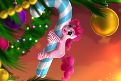 Size: 2625x1750 | Tagged: safe, artist:darksly, part of a set, pinkie pie, earth pony, pony, g4, candy, candy cane, christmas, christmas ornament, christmas tree, clothes, cute, decoration, diapinkes, female, food, holiday, looking at you, mare, open mouth, open smile, smiling, smiling at you, socks, solo, striped socks, tiny, tiny ponies, tree
