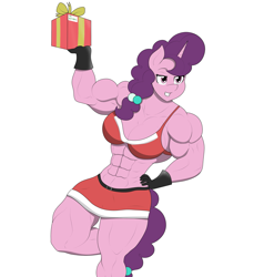 Size: 1951x2048 | Tagged: safe, artist:matchstickman, sugar belle, unicorn, anthro, g4, abs, biceps, breasts, busty sugar belle, christmas, christmas presents, clothes, deltoids, female, gloves, grin, hand on hip, holiday, implied big macintosh, looking at someone, mare, midriff, muscles, muscular female, simple background, smiling, solo, sugar barbell, thighs, thunder thighs, white background