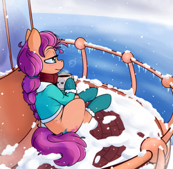 Size: 2000x1950 | Tagged: safe, artist:skoon, sunny starscout, earth pony, pony, g5, my little pony: a new generation, braided ponytail, chocolate, clothes, drink, female, food, hot chocolate, ice, jacket, lighthouse, mare, sitting, snow, solo, water, winter