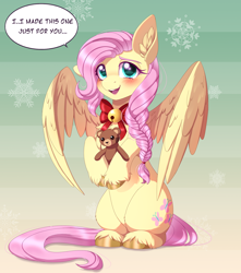 Size: 2038x2302 | Tagged: safe, artist:_ladybanshee_, fluttershy, pegasus, pony, g4, alternate hairstyle, bipedal, blushing, braid, bronybait, chest fluff, christmas, cute, ear fluff, female, high res, holiday, hoof fluff, looking at you, mare, plushie, shyabetes, solo, sweet dreams fuel, talking to viewer, teddy bear, unshorn fetlocks, wholesome