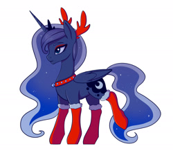 Size: 2114x1868 | Tagged: safe, artist:tanatos, princess luna, alicorn, pony, animal costume, bell, bell collar, christmas, clothes, collar, costume, eyeshadow, fake antlers, female, holiday, makeup, mare, raised hoof, reindeer costume, simple background, socks, solo, stockings, thigh highs, white background