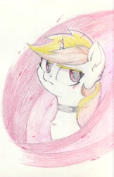 Size: 4435x6830 | Tagged: safe, artist:foxtrot3, oc, oc only, oc:vida emotionate, pony, unicorn, choker, embers, fire, looking at you, magenta eyes, solo, traditional art