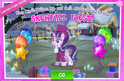 Size: 1042x680 | Tagged: safe, gameloft, snowfall frost, starlight glimmer, pony, unicorn, a hearth's warming tail, g4, advertisement, balloon, christmas, female, hat, hearth's warming eve, holiday, lidded eyes, mare, present, smiling, snow, solo, text, top hat, winter