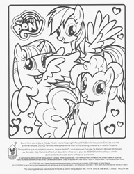 Size: 612x792 | Tagged: source needed, safe, pinkie pie, rainbow dash, twilight sparkle, alicorn, pony, g4, black and white, coloring page, curly hair, curly mane, grayscale, heart, horn, mcdonald's, monochrome, my little pony logo, printable, simple background, straight hair, straight mane, twilight sparkle (alicorn), white background, wings