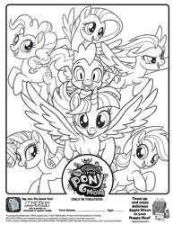 Size: 612x792 | Tagged: source needed, safe, applejack, fluttershy, pinkie pie, rainbow dash, rarity, spike, twilight sparkle, alicorn, dragon, pony, unicorn, g4, my little pony: the movie, applejack's hat, coloring page, cowboy hat, curly hair, curly mane, happy meal, hat, horn, mcdonald's, monochrome, my little pony logo, printable, straight hair, straight mane, twilight sparkle (alicorn), wings