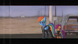 Size: 1920x1080 | Tagged: safe, artist:menalia, rainbow dash, scootaloo, cyborg, cyborg pony, pegasus, pony, g4, aesthetics, car, clothes, error, female, filly, foal, glitch, jacket, jeans, john connor, leather jacket, mare, movie reference, pants, shirt, t-800, t-shirt, terminator, terminator 2, vhs, walking, wings