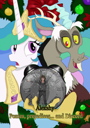 Size: 2059x2912 | Tagged: safe, artist:yoye-wolfgrel, discord, princess celestia, alicorn, draconequus, human, g4, christmas, christmas tree, clock, cover art, crown, female, frown, high res, holiday, jewelry, male, mare, open mouth, open smile, regalia, smiling, text, tree