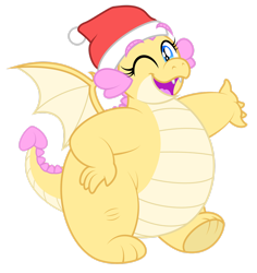 Size: 1920x2032 | Tagged: safe, artist:aleximusprime, oc, oc only, oc:buttercream, dragon, flurry heart's story, belly, big belly, christmas, cute, dragon oc, dragoness, fat, female, hand on hip, hat, hearth's warming, holiday, looking at you, one eye closed, santa hat, simple background, solo, transparent background, wink