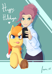 Size: 1138x1600 | Tagged: safe, artist:storyteller, oc, oc:omelette, earth pony, human, pony, :p, cellphone, christmas, cute, female, happy holidays, hat, holiday, male, phone, santa hat, selfie, smartphone, smiling, stallion, tongue out, underhoof