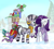 Size: 2000x1800 | Tagged: safe, artist:rocket-lawnchair, rarity, spike, zecora, dragon, pony, unicorn, zebra, g4, carrying, clothes, gun, hat, present, rifle, sweater, weapon, winter hat