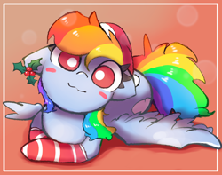 Size: 2388x1881 | Tagged: safe, artist:papersurgery, rainbow dash, pegasus, pony, g4, blush sticker, blushing, christmas, cute, dashabetes, floppy ears, hat, holiday, holly, looking at you, santa hat, smiling, solo, white pupils