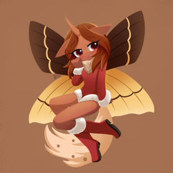 Size: 3024x3024 | Tagged: safe, artist:howxu, oc, oc only, oc:flechette, changeling, moth, mothling, mothpony, original species, anthro, boots, christmas outfit, cute, female, high res, horn, red changeling, shoes, simple background, solo, wings