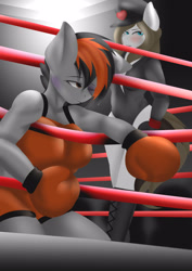 Size: 2894x4093 | Tagged: safe, artist:glacy art, oc, oc:chocolate fudge, oc:dusk strike, anthro, beaten up, blushing, boots, boxing, boxing gloves, clothes, jewelry, latex, leotard, ring, shoes, sports