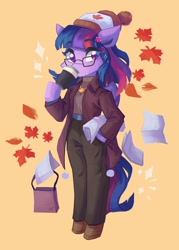 Size: 860x1200 | Tagged: safe, artist:saxopi, twilight sparkle, alicorn, semi-anthro, g4, arm hooves, clothes, coffee, glasses, jacket, leaves, looking at you, missing horn, pants, solo, suit, twilight sparkle (alicorn)